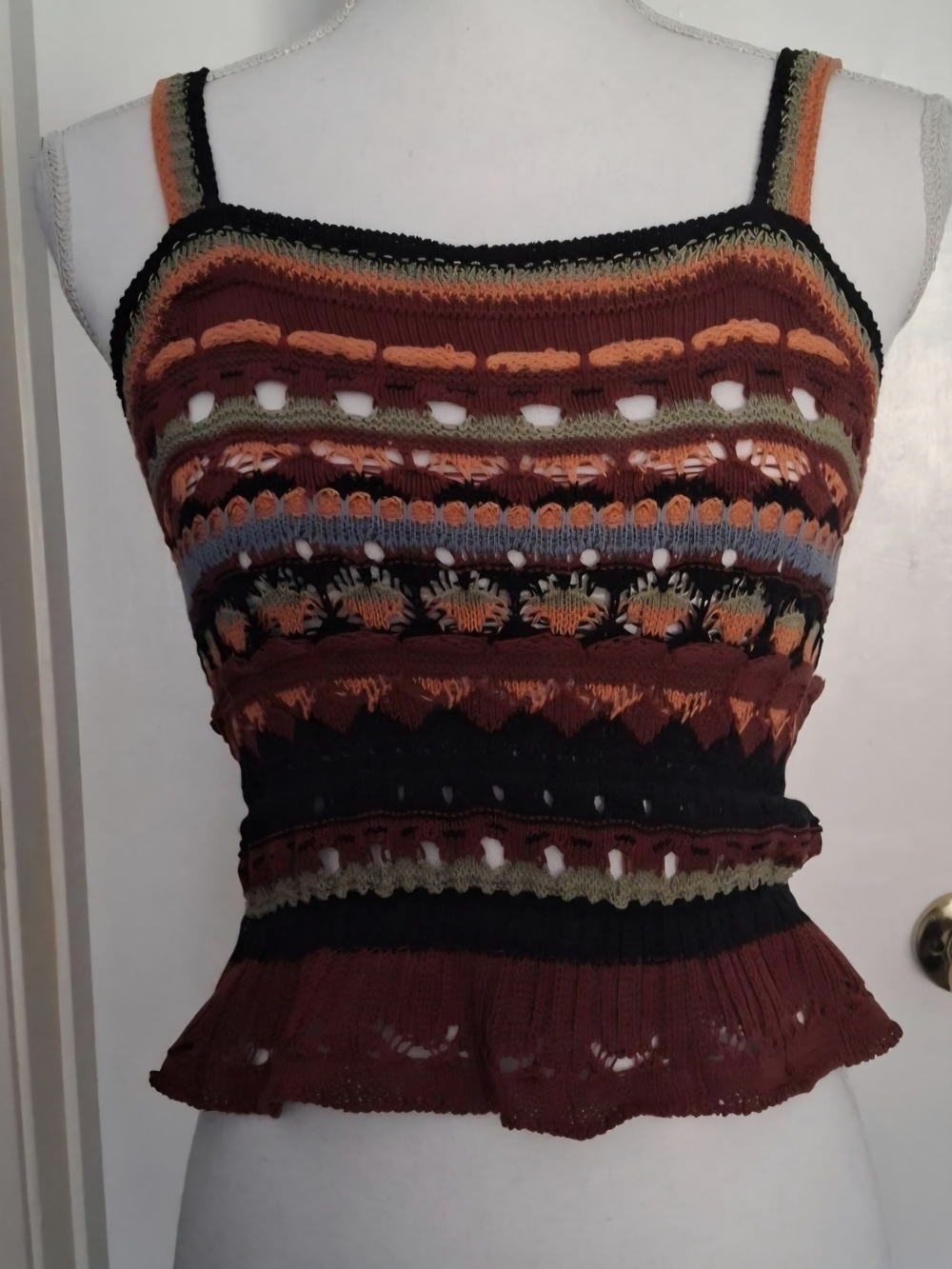 Cider Multicolor Crochet Knit Cami in Burgundy, Black, Olive & Orange